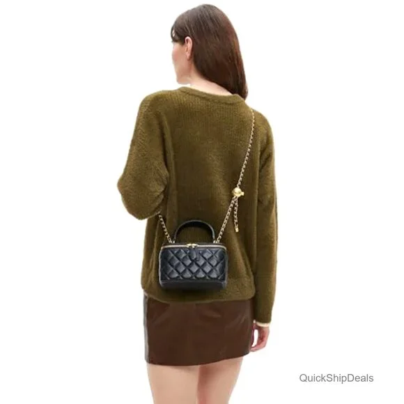 Small Quilted Leather Crossbody Bag With Chain Strap Mini Top Handle Purse - Picture 2 of 7